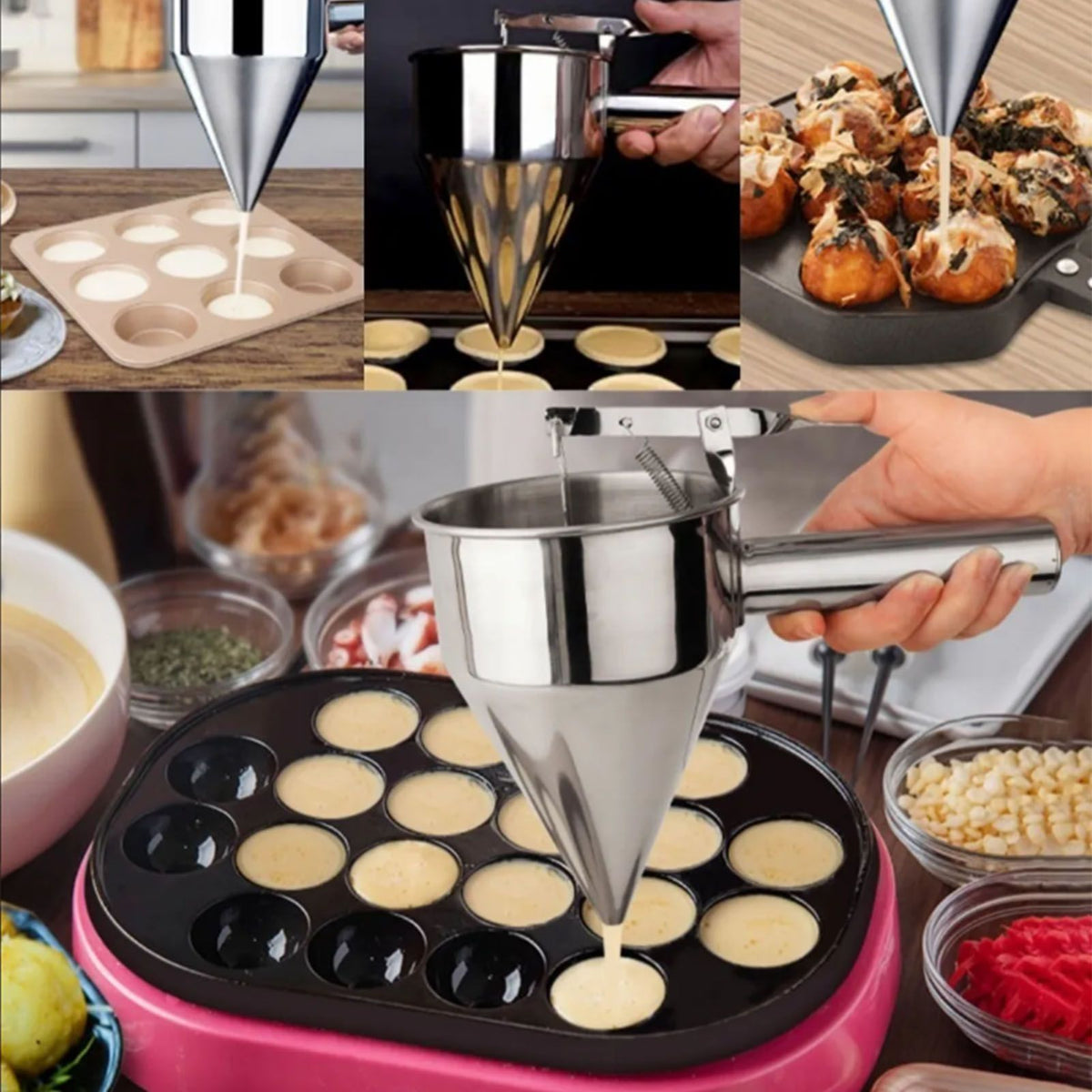 Stainless Steel Pancake Batter Dispenser Baking Cake Funnel Dispenser with Stable Rack for Takoyaki Ball Waffles
