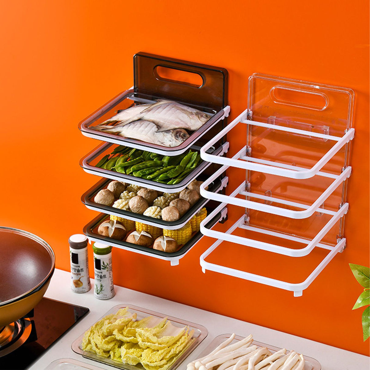 Wall Mounted Food Sorting Tray 4 Layers Storage Tray Collapsible Side Dish Stacking Storage for Hotpot Kitchen Grey