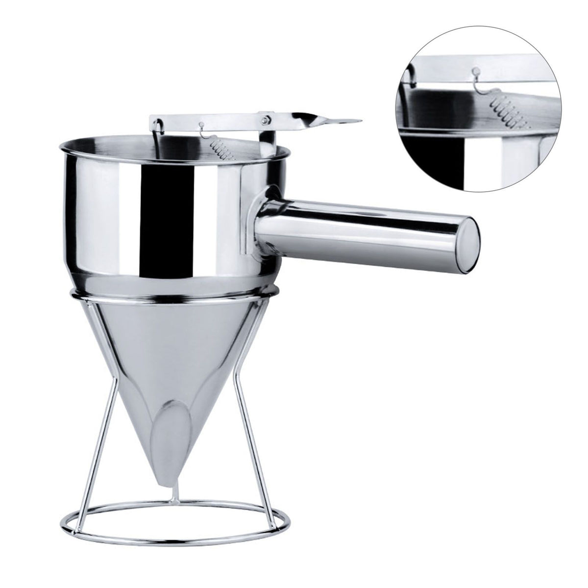 Stainless Steel Pancake Batter Dispenser Funnel 1200ML Large Capacity Conical Funnel with Rack Handle 21mm Aperture