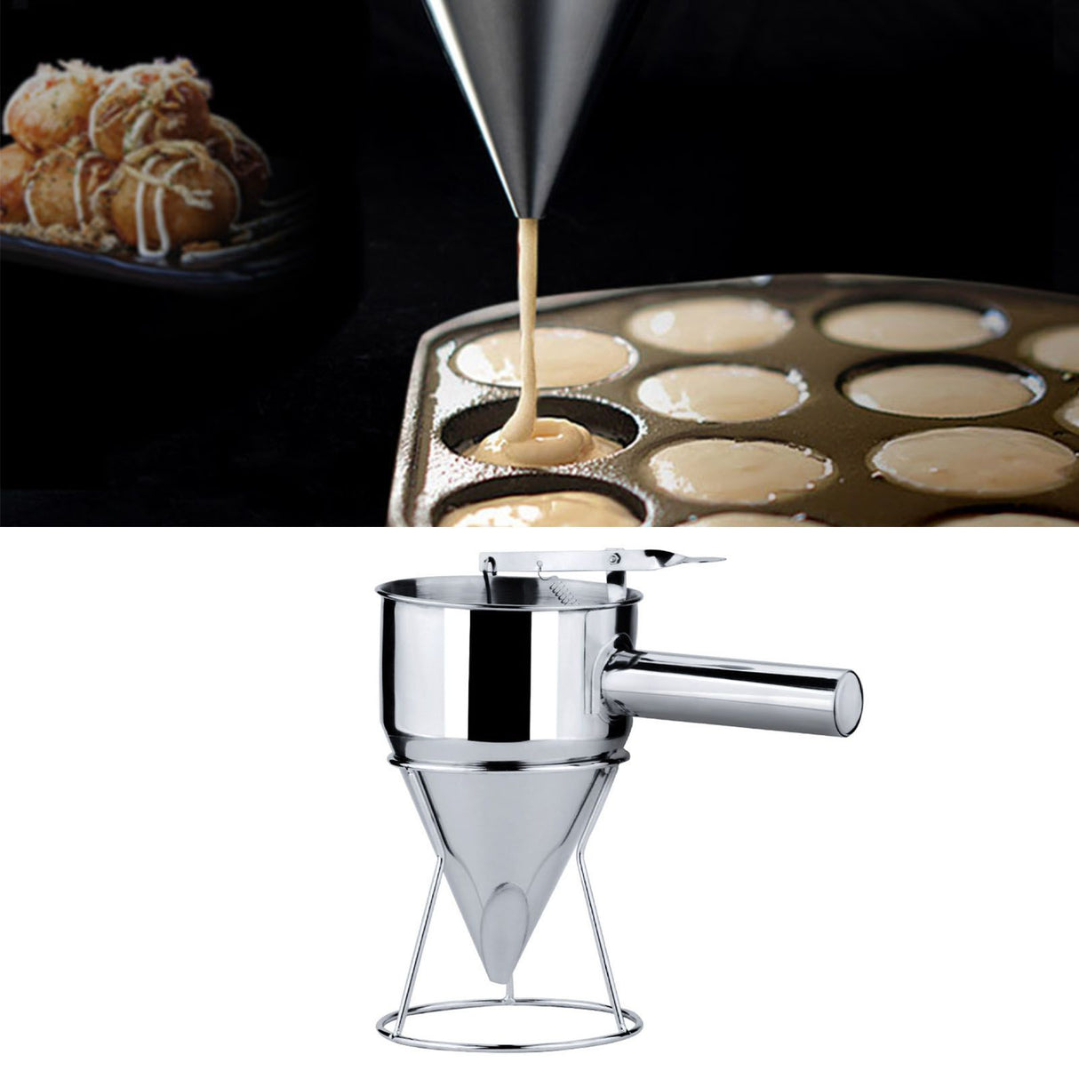 Stainless Steel Pancake Batter Dispenser Funnel 1200ML Large Capacity Conical Funnel with Rack Handle 21mm Aperture