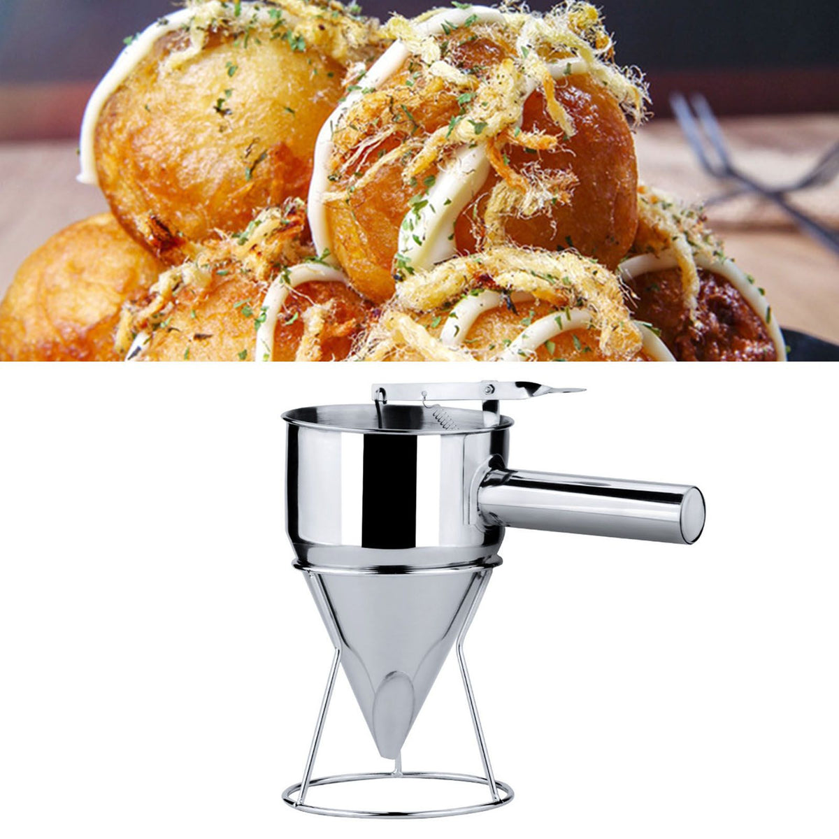 Stainless Steel Pancake Batter Dispenser Funnel 1200ML Large Capacity Conical Funnel with Rack Handle 21mm Aperture