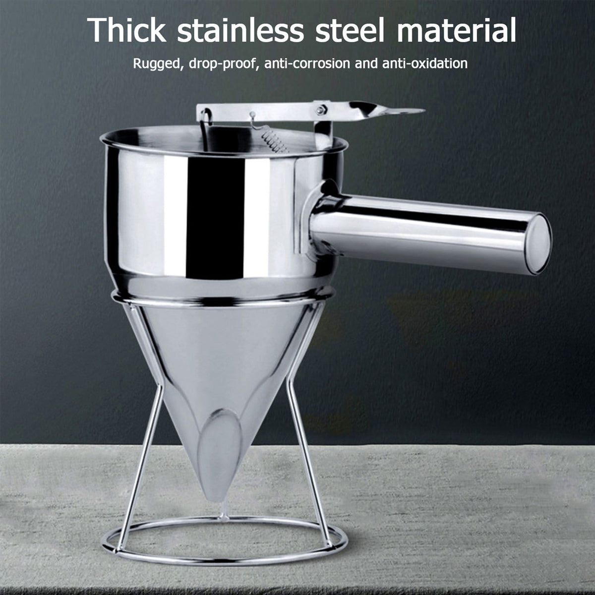 Stainless Steel Pancake Batter Dispenser Funnel 1200ML Large Capacity Conical Funnel with Rack Handle 21mm Aperture