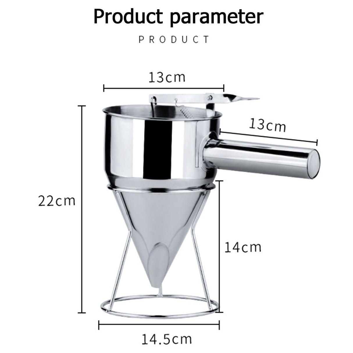 Stainless Steel Pancake Batter Dispenser Funnel 1200ML Large Capacity Conical Funnel with Rack Handle 21mm Aperture