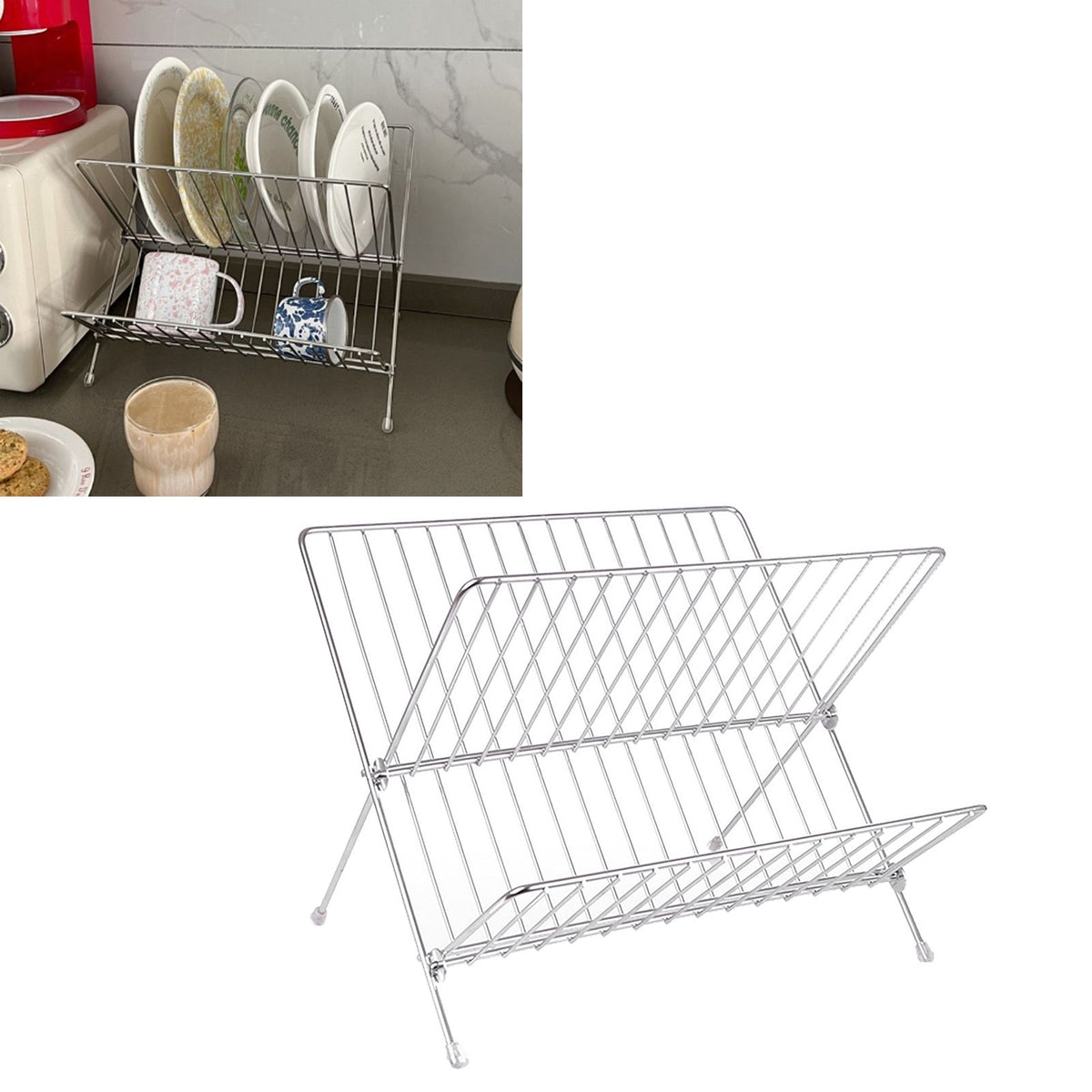 Dish Drainers Foldable X Shape 2 Tier Dish Drying Rack Dinner Plate Bowl Drying Holder Rack for Kitchen Counters