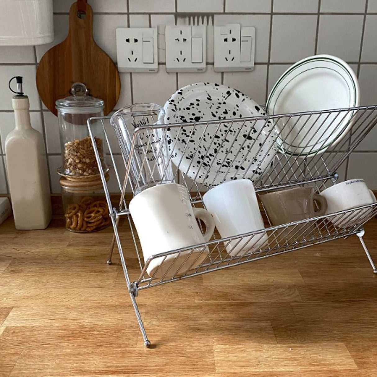 Dish Drainers Foldable X Shape 2 Tier Dish Drying Rack Dinner Plate Bowl Drying Holder Rack for Kitchen Counters