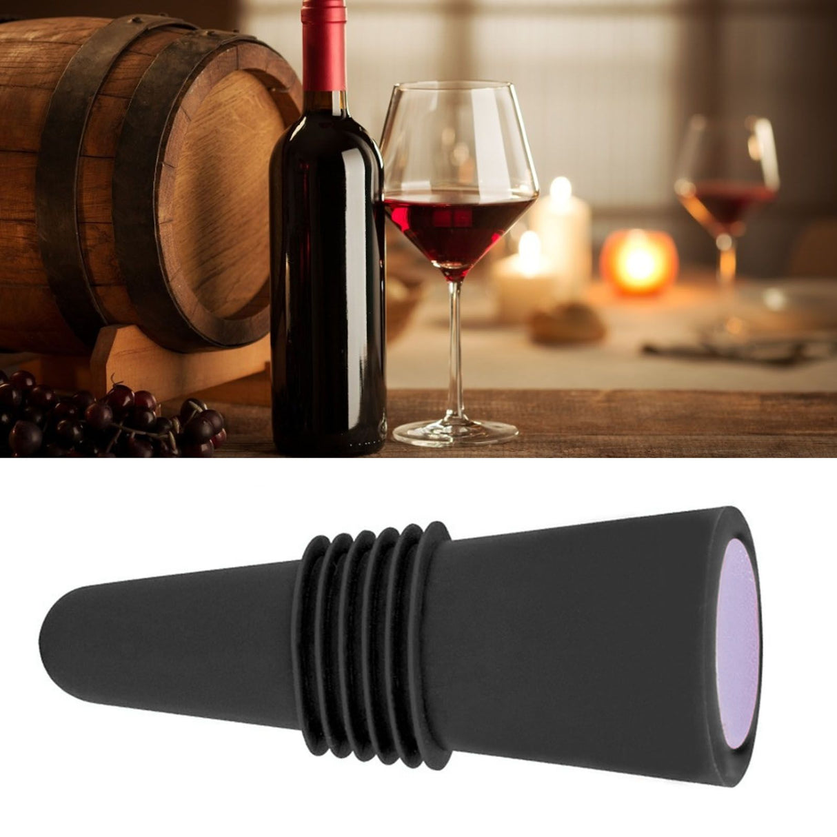 Wine Bottle Stopper Food Grade Silicone Stainless Steel 6.1x2.35cm Decorative Practical Reusable Wine Corks for Decoration Black