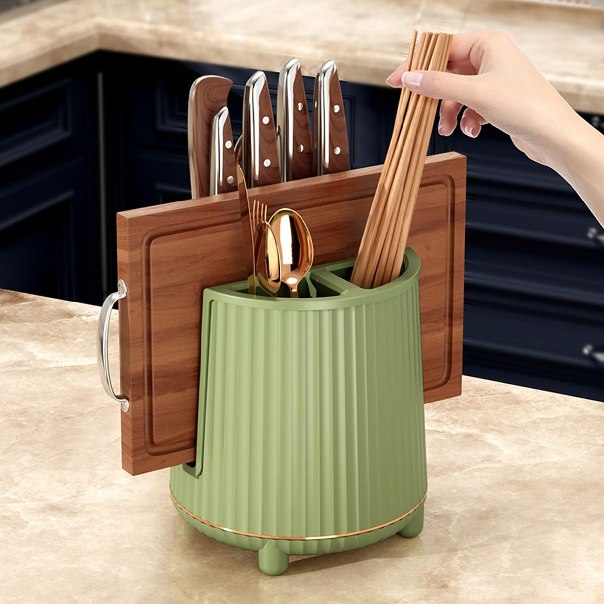 Multifunctional Rotating Knife Holder Kitchen Chopping Board Knife Storage Rack Large Capacity Drain Chopstick Knife Shelf Single Layer Avocado Green