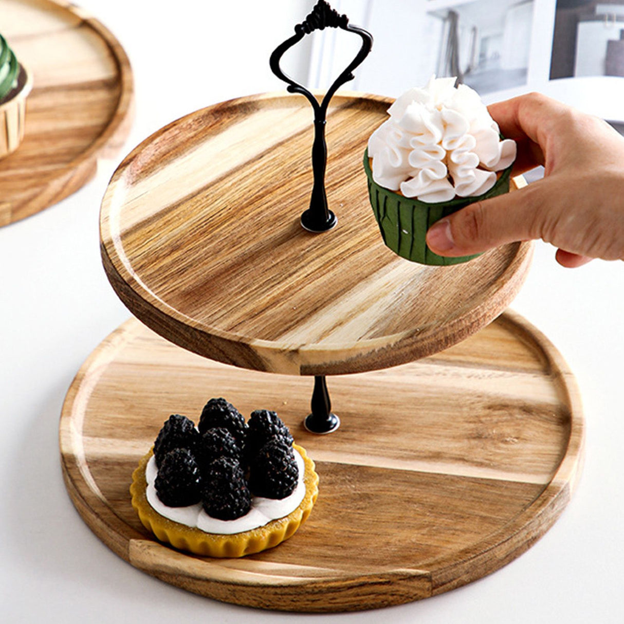 Wood Dessert Stand Rack Environmental Simple Vintage Wooden Dessert Display Tray Stand for Dessert Fruit Cake Snack Black Crown 2 Layers, Small