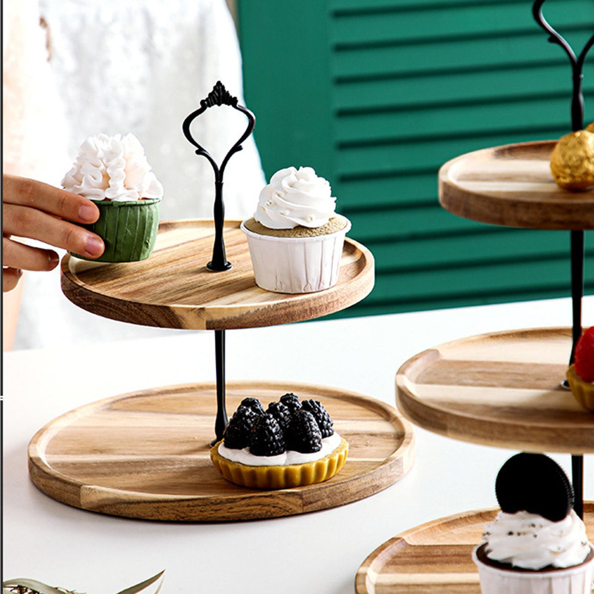 Wood Dessert Stand Rack Environmental Simple Vintage Wooden Dessert Display Tray Stand for Dessert Fruit Cake Snack Black Crown 2 Layers, Small