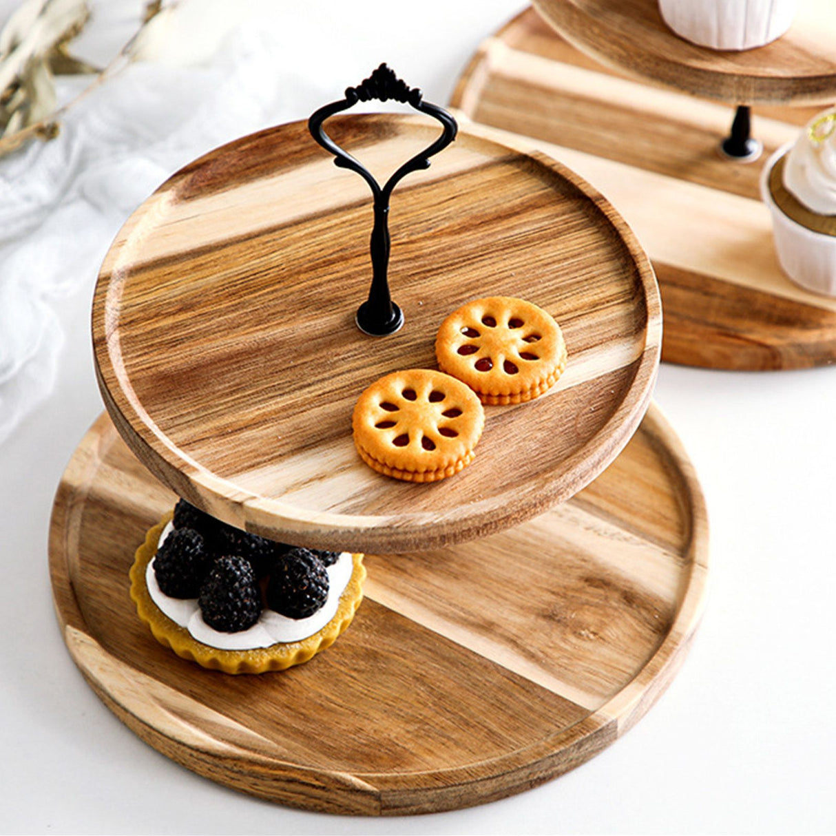 Wood Dessert Stand Rack Environmental Simple Vintage Wooden Dessert Display Tray Stand for Dessert Fruit Cake Snack Black Crown 2 Layers, Small