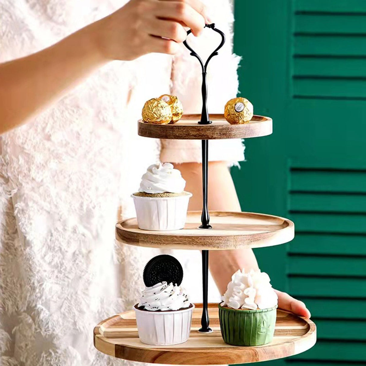 Wood Dessert Stand Rack Environmental Simple Vintage Wooden Dessert Display Tray Stand for Dessert Fruit Cake Snack Black Crown 3 Layers