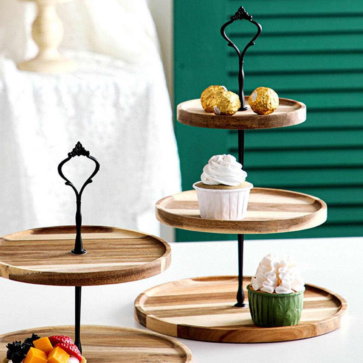 Wood Dessert Stand Rack Environmental Simple Vintage Wooden Dessert Display Tray Stand for Dessert Fruit Cake Snack Black Crown 3 Layers