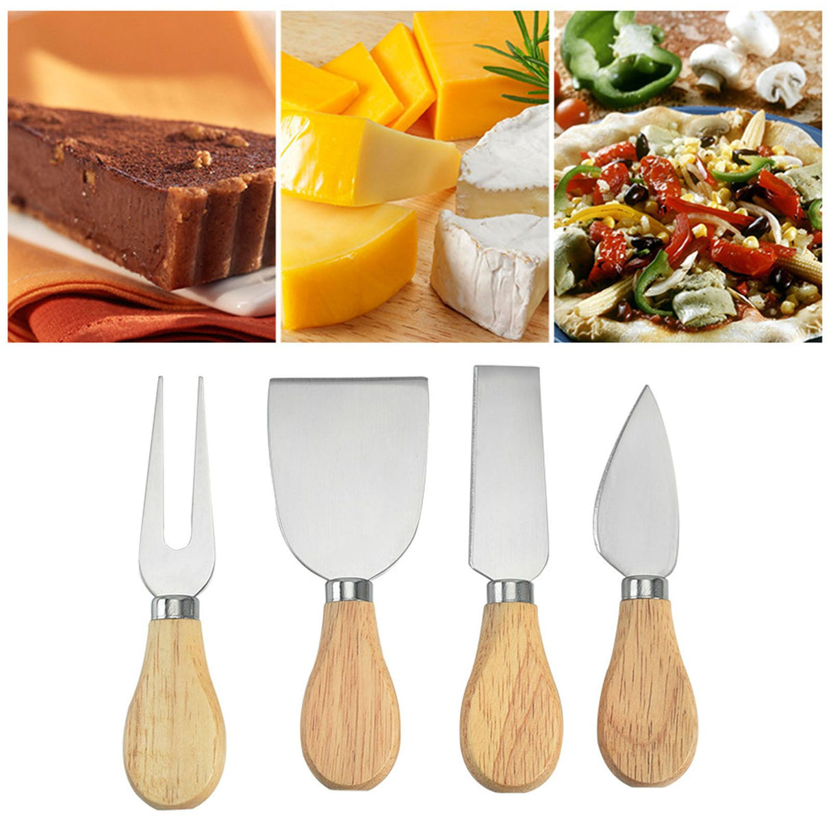 Cheese Knives Set Stainless Steel Blade Ergonomic Handle Cheese Cutter Fork with Wooden Box for Pizza Bread