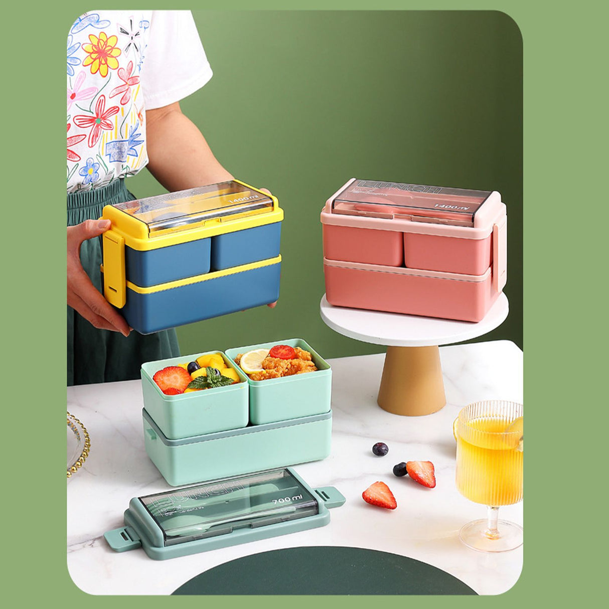 Bento Box Two Layers Green with Divider Food Grade Plastics Microwave Safe Lunch Container for Picnic