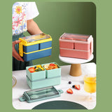 Bento Box Two Layers Green with Divider Food Grade Plastics Microwave Safe Lunch Container for Picnic
