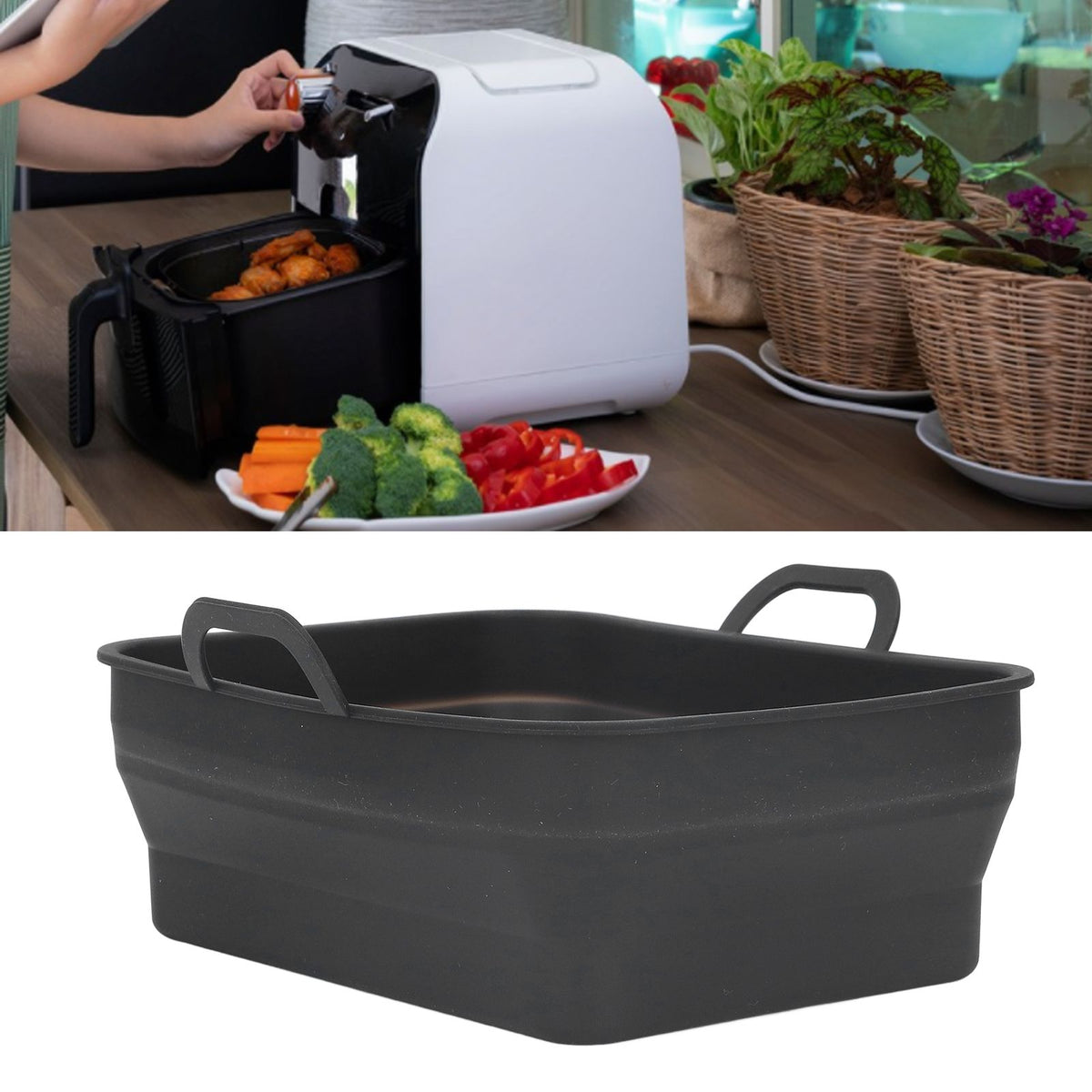 Silicone Air Cooker Pot Rectangular Fryer Liner Tray Replacement for Kitchen Cooking Accessories Black