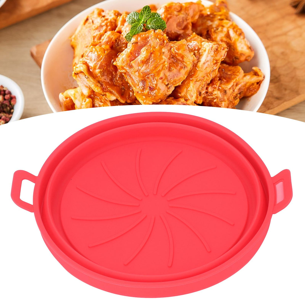 Foldable Fryer Silicone Liner Food Grade High Temperature Resistant Round Fryer Silicone Pot Red Diameter 21CM