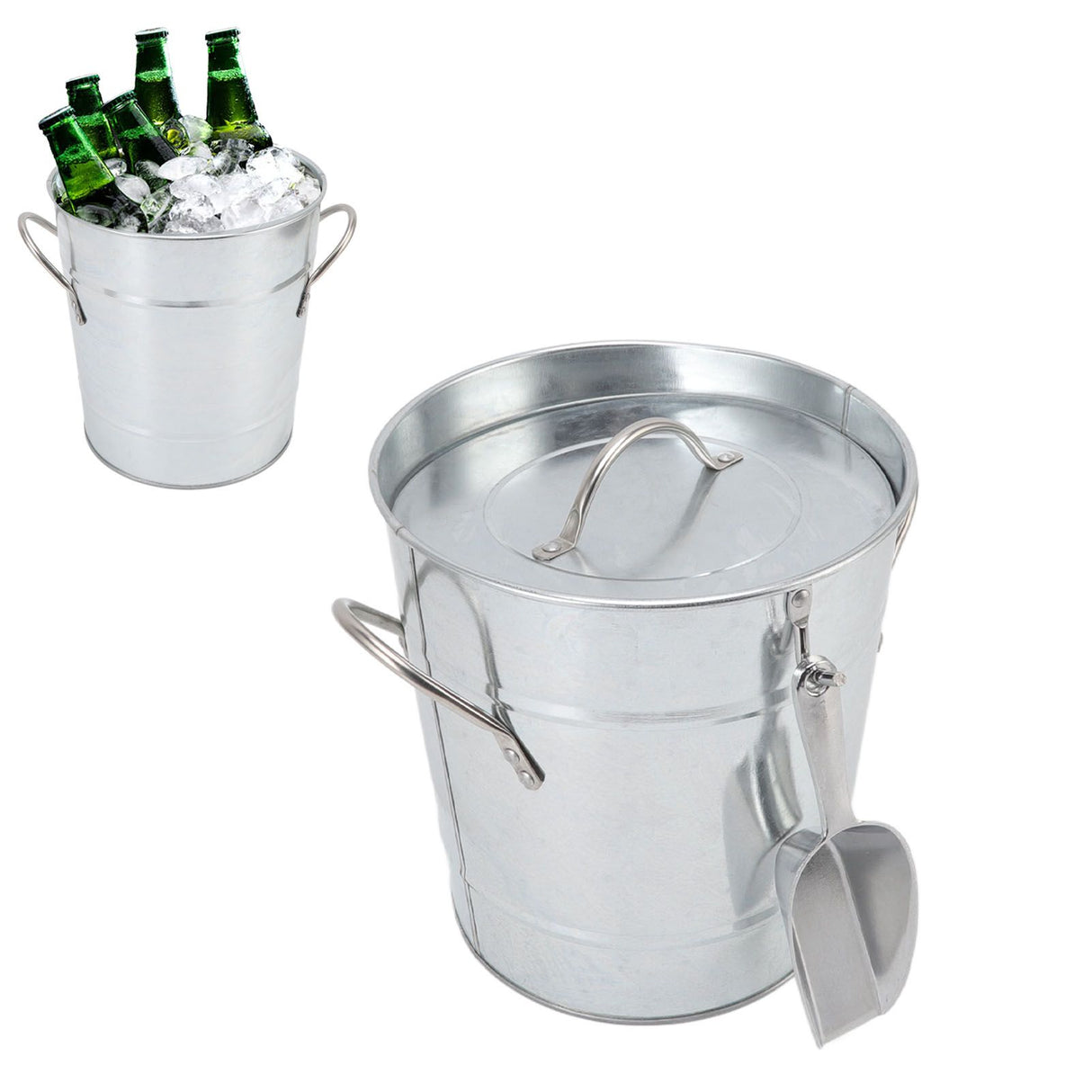 Ice Bucket Round with Ice Shovel Galvanized Sheet Plastic Beer Chiller Bin for Bar Home Wood Color