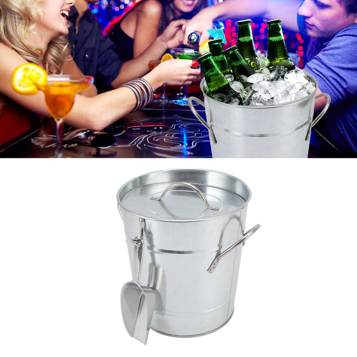 Ice Bucket Round with Ice Shovel Galvanized Sheet Plastic Beer Chiller Bin for Bar Home Wood Color