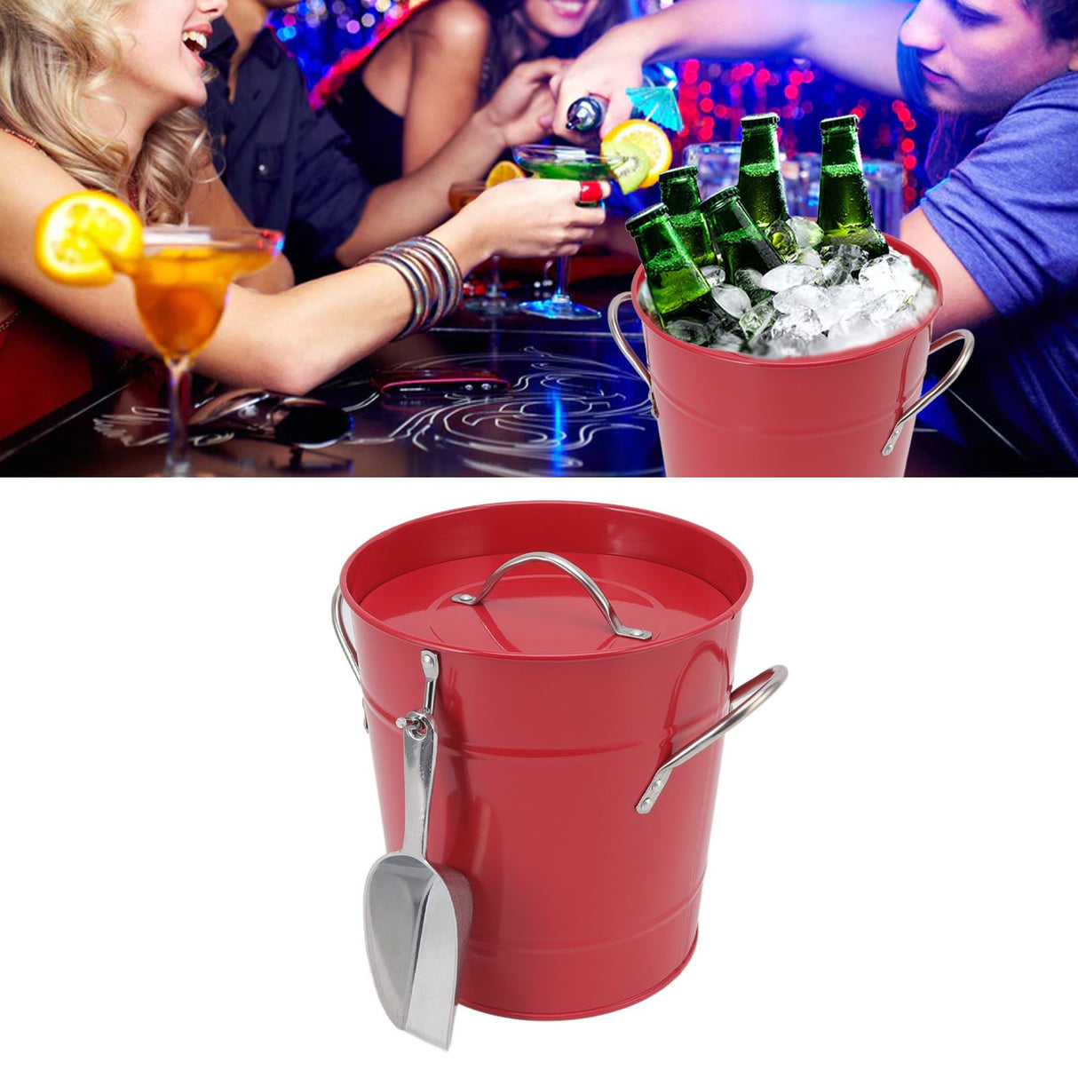 Ice Bucket Round with Ice Shovel Galvanized Sheet Plastic Beer Chiller Bin for Bar Home Red