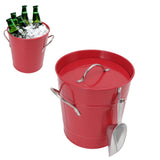 Ice Bucket Round with Ice Shovel Galvanized Sheet Plastic Beer Chiller Bin for Bar Home Red
