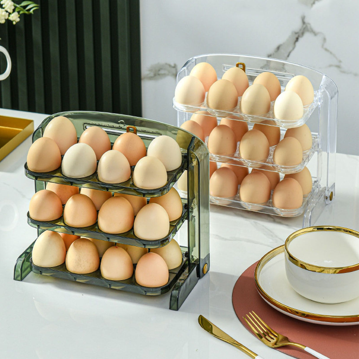 Foldable Egg Storage Container Simple 3 Layers Egg Protection Plastic Egg Tray Container Organizer for Home Kitchen Transparent White