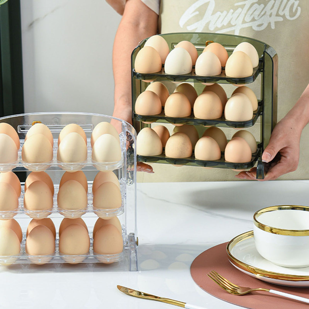 Foldable Egg Storage Container Simple 3 Layers Egg Protection Plastic Egg Tray Container Organizer for Home Kitchen Transparent White