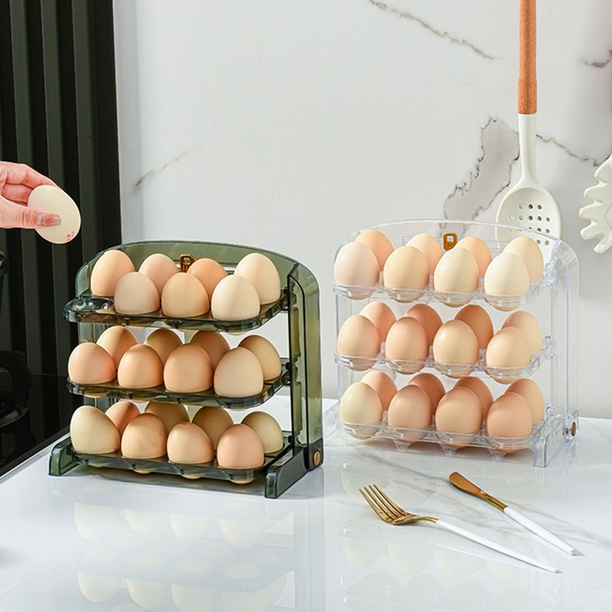 Foldable Egg Storage Container Simple 3 Layers Egg Protection Plastic Egg Tray Container Organizer for Home Kitchen Transparent White