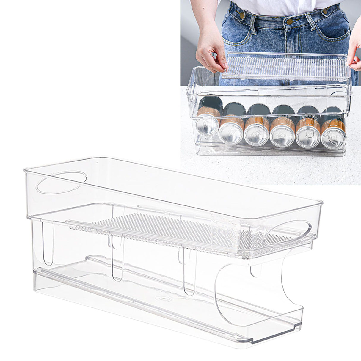 Double Layer Soda Can Organizer Automatic Rolling Transparent Beverage Can Storage Organizer for Refrigerator