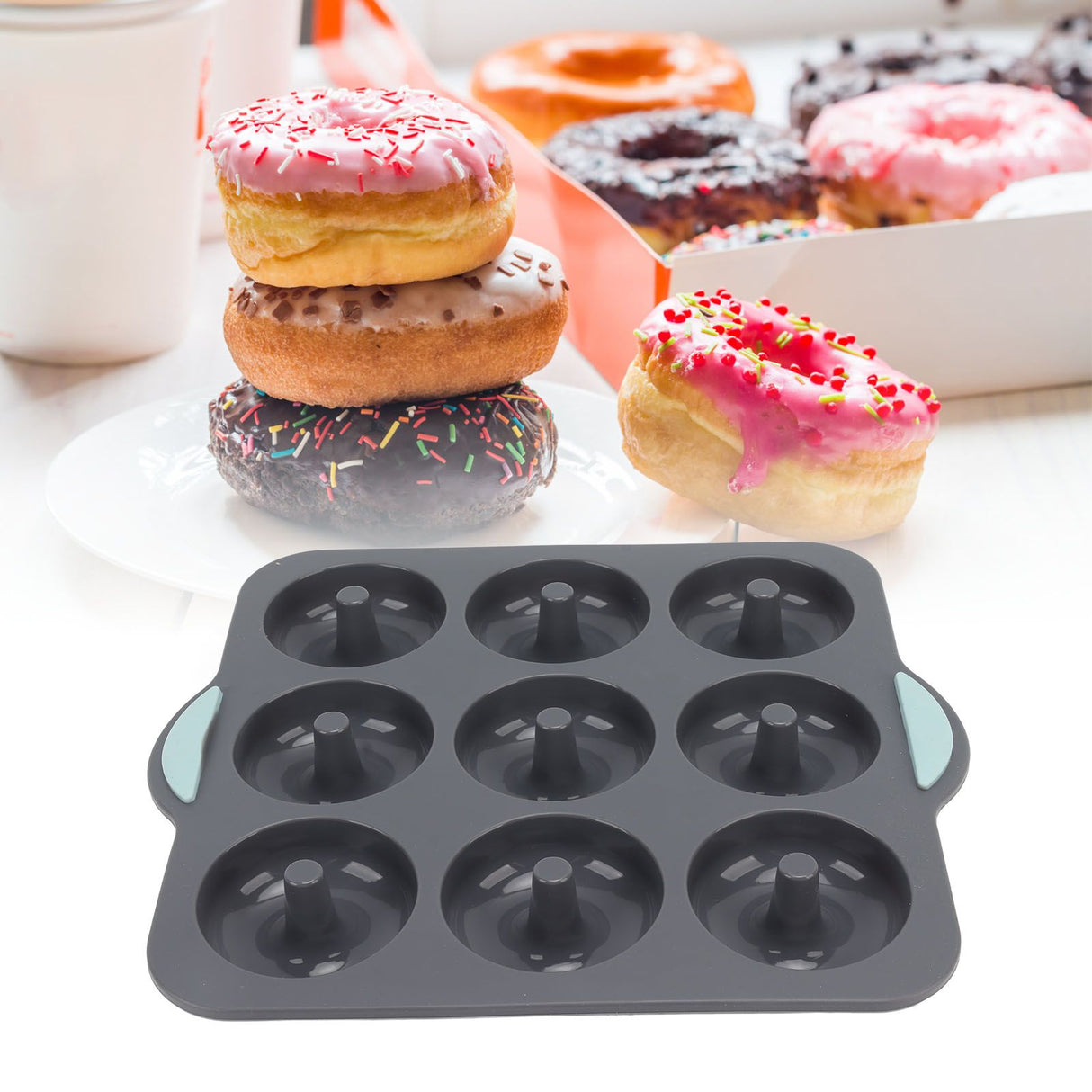 Silicone Donut Mold 9 Cavity Prevents Stick Safe Heat Resistance Doughnut Pan Set for Cake Biscuit Bagels Muffins Dark Gray