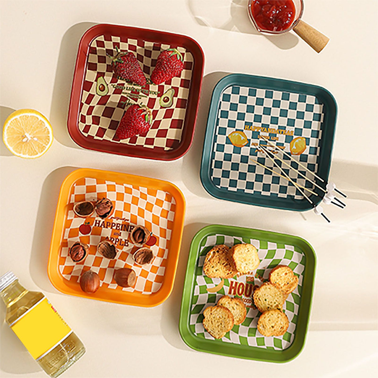 4Pcs Spit Bone Dish Food Grade Plastic Household Food Residue Snack Pan Small Mini Patent Apple Banana Lemon Avocado
