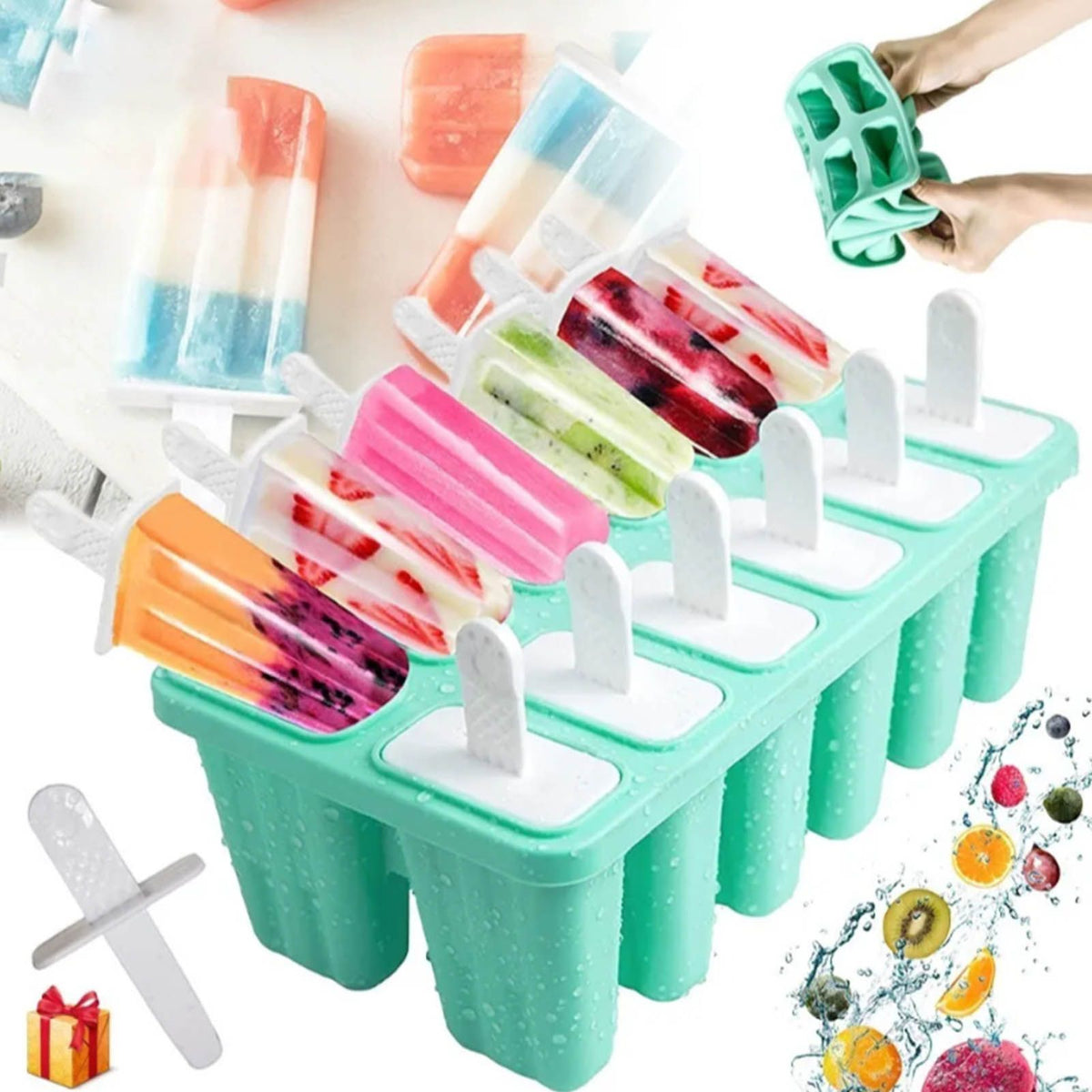 Ice Cream Mould 10 Grids Food Grade Silicone Non Stick Green Ice Lolly Maker for Home DIY