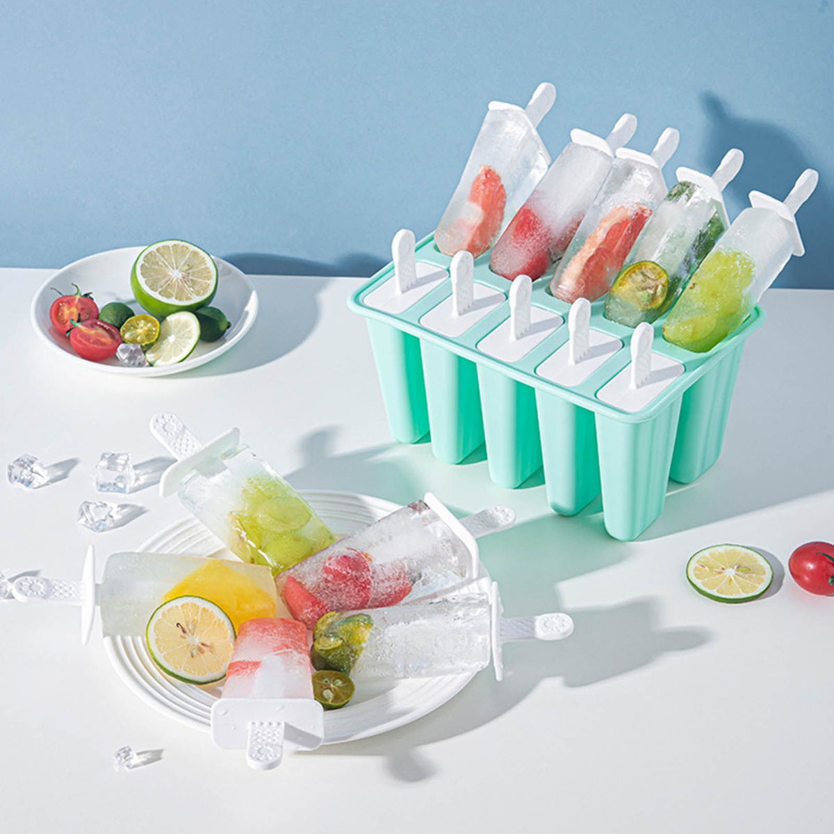 Ice Cream Mould 10 Grids Food Grade Silicone Non Stick Green Ice Lolly Maker for Home DIY