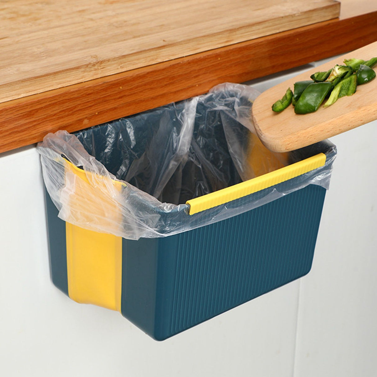 Wall Mounted Folding Trash Bin Strong Load Bearing Large Capacity Kitchen Hanging Trash Can for Home Blue