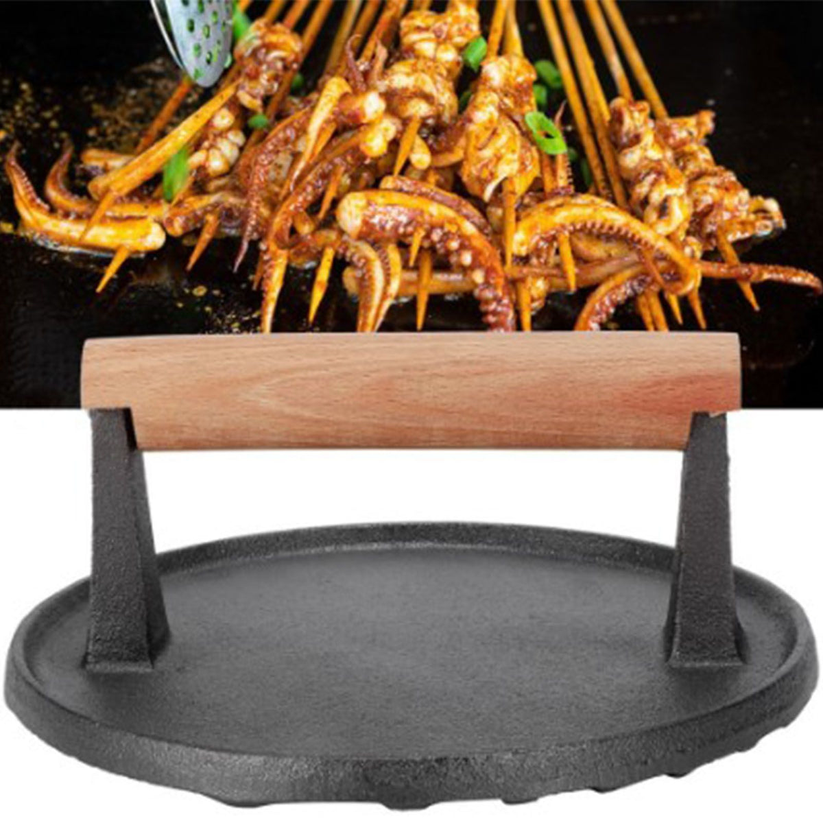 Squid Press Metal Round Patty Maker Meat Press Flattener Plate Barbecue Tool with Wood Handle for Outdoor Picnic