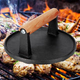 Squid Press Metal Round Patty Maker Meat Press Flattener Plate Barbecue Tool with Wood Handle for Outdoor Picnic - Rear View
