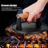 Squid Press Metal Round Patty Maker Meat Press Flattener Plate Barbecue Tool with Wood Handle for Outdoor Picnic - Extra Image