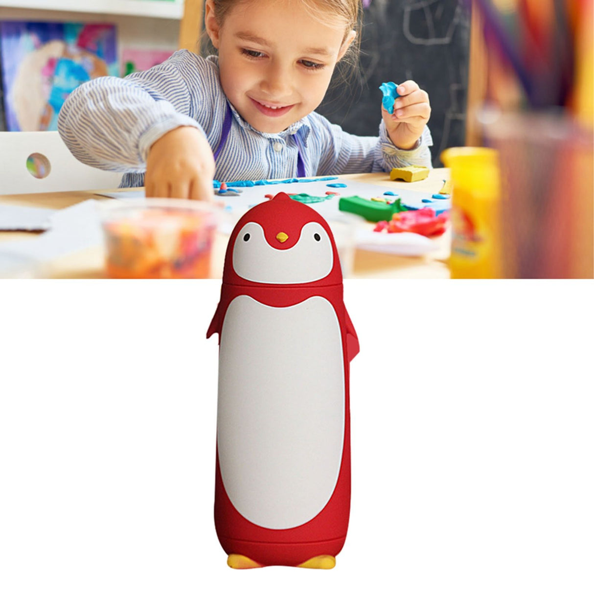 Water Bottle Penguin Design Heat Insulation 300ml Portable Water Cup for Outdoor Red