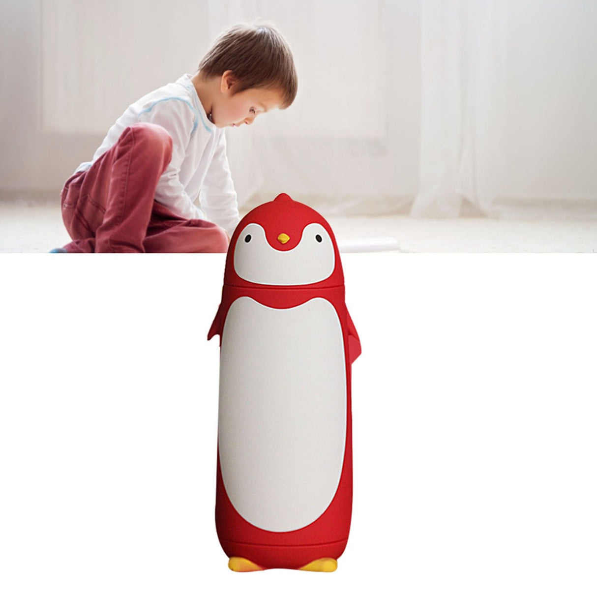 Water Bottle Penguin Design Heat Insulation 300ml Portable Water Cup for Outdoor Red