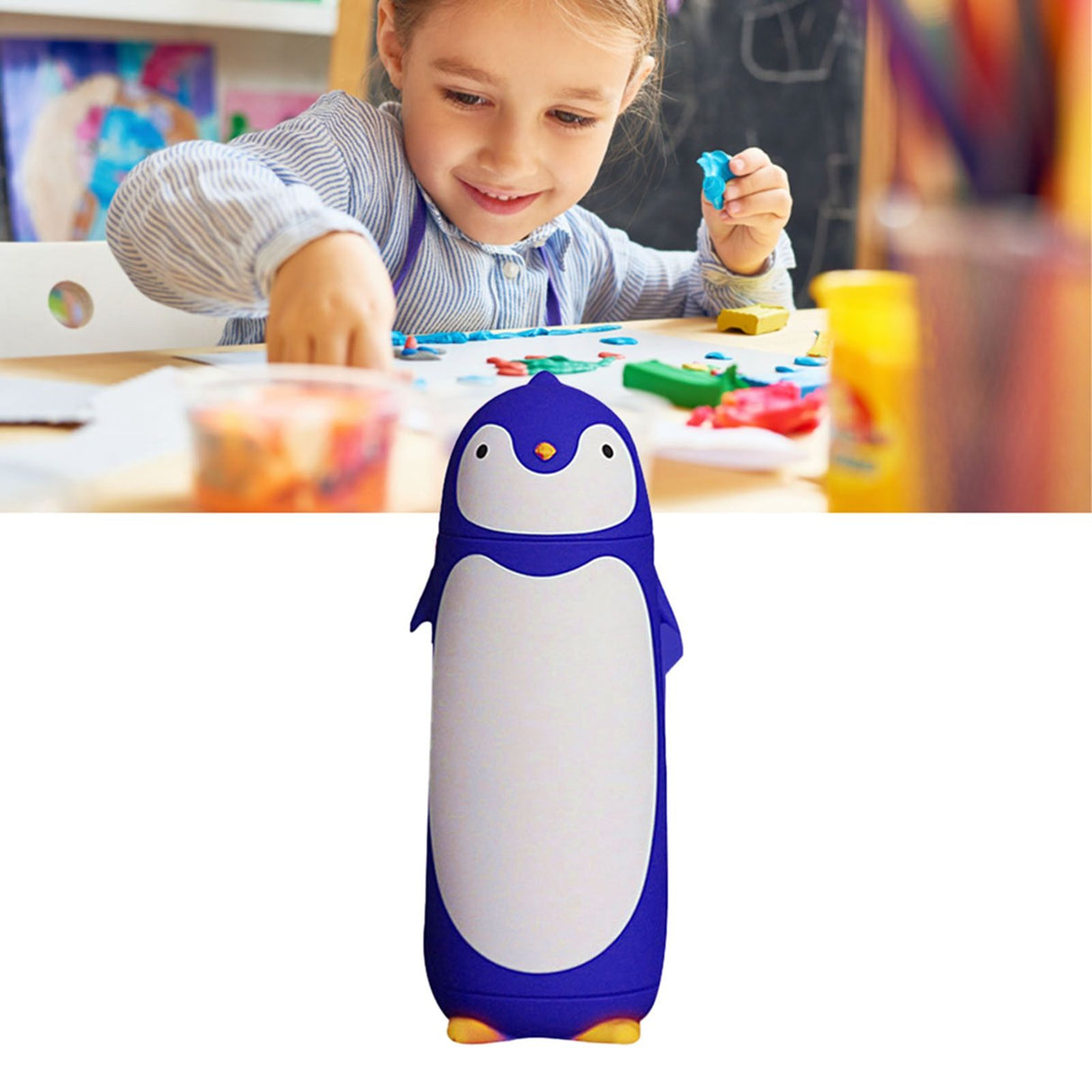 Water Bottle Penguin Design Heat Insulation 300ml Portable Water Cup for Outdoor Blue