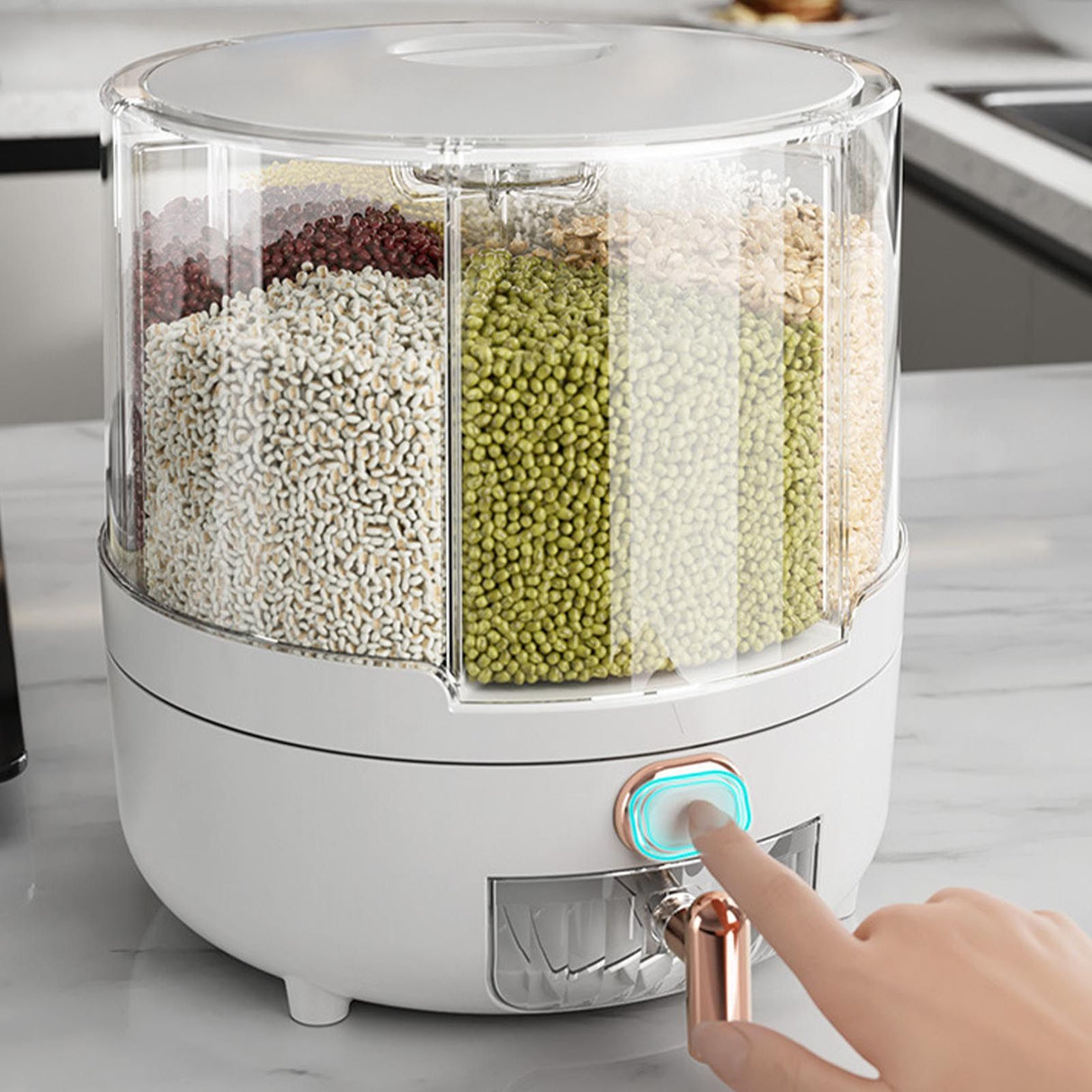 360 Degree Rotating Grain Dispenser Box PP Plastic Kitchen Storage Container for Rice and Beans White M