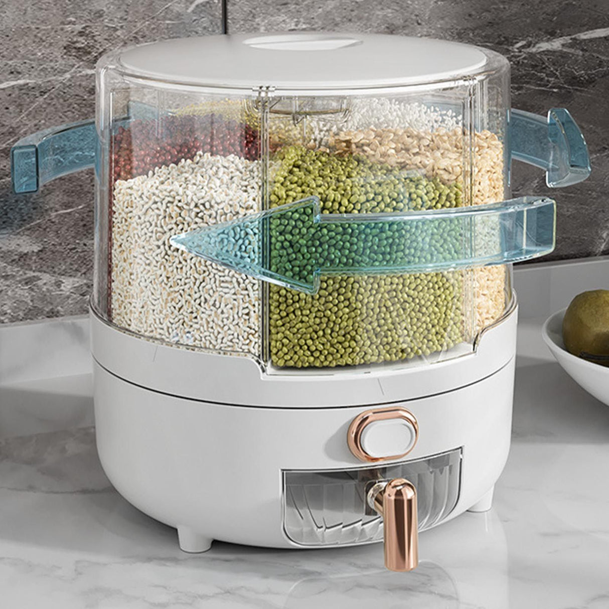 360 Degree Rotating Grain Dispenser Box PP Plastic Kitchen Storage Container for Rice and Beans White M
