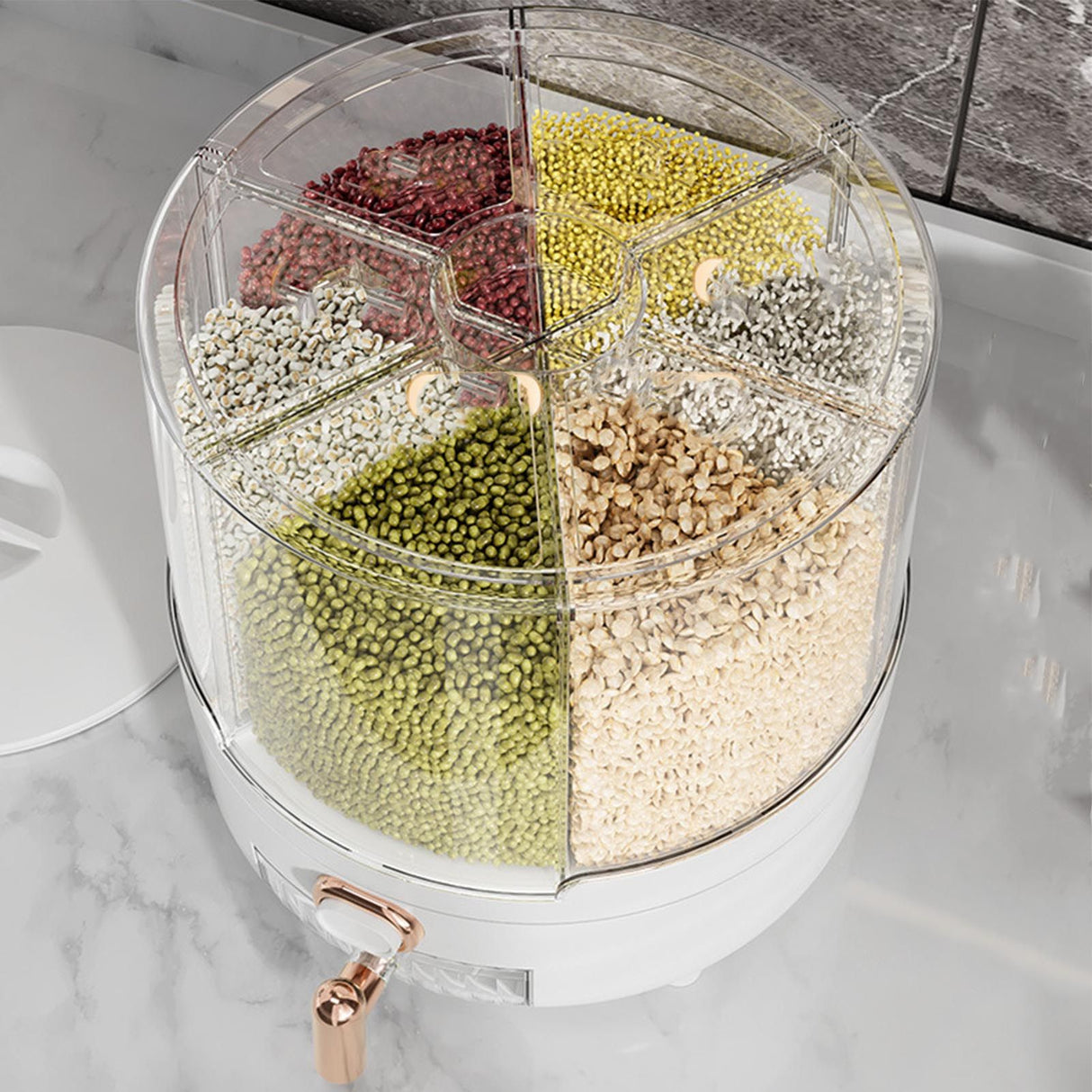 360 Degree Rotating Grain Dispenser Box PP Plastic Kitchen Storage Container for Rice and Beans White M