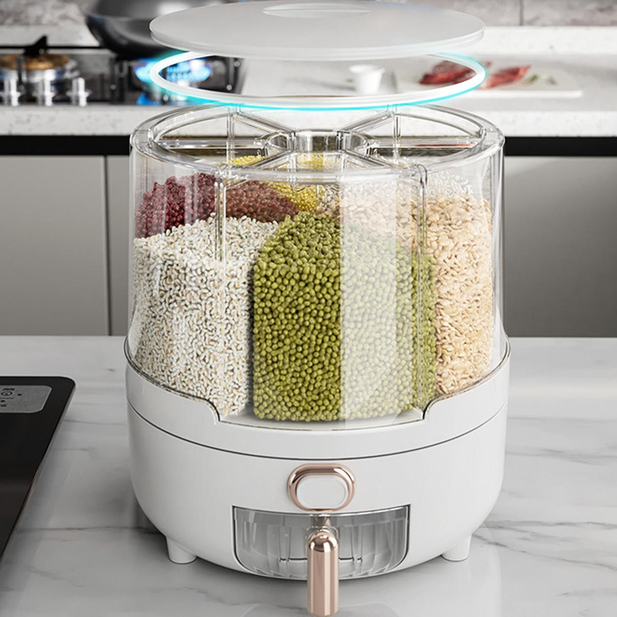 360 Degree Rotating Grain Dispenser Box PP Plastic Kitchen Storage Container for Rice and Beans White L