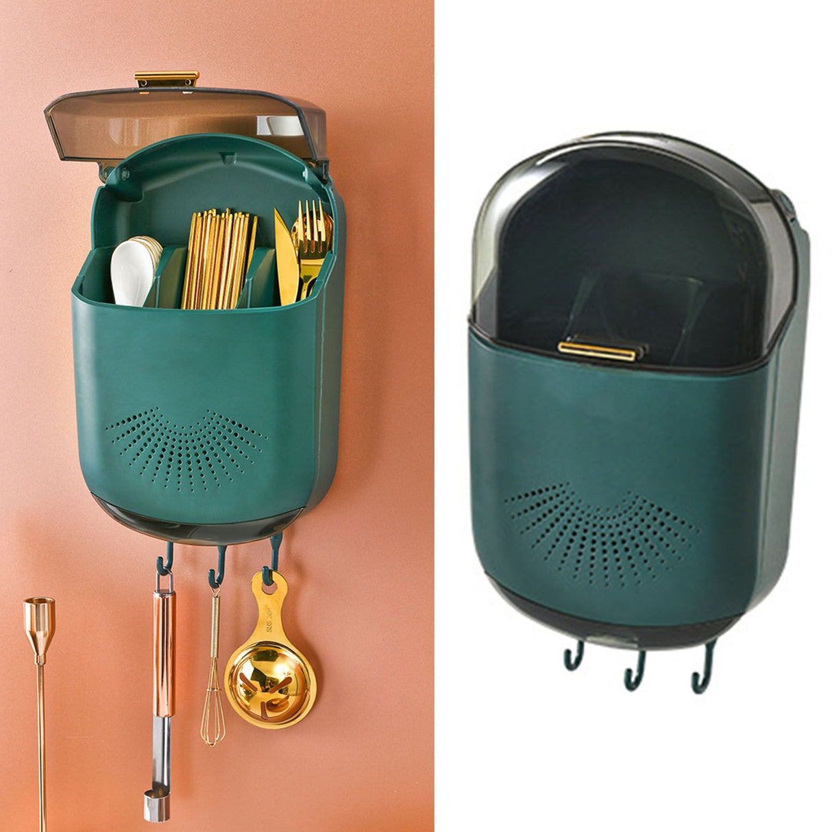 Wall Mounted Chopsticks Holder Dust Prevention 3 Compartments Large Capacity Draining Utensil Storage Box with Cover Green