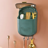 Wall Mounted Chopsticks Holder Dust Prevention 3 Compartments Large Capacity Draining Utensil Storage Box with Cover Green