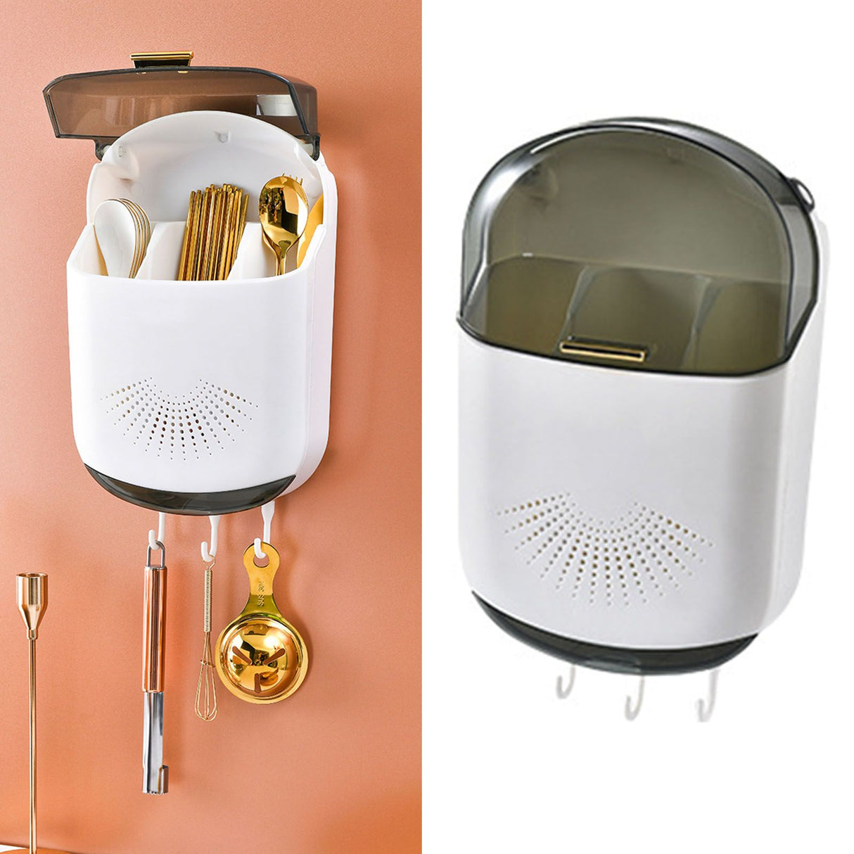 Wall Mounted Chopsticks Holder Dust Prevention 3 Compartments Large Capacity Draining Utensil Storage Box with Cover White