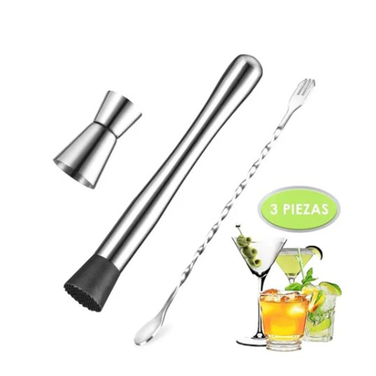 Cocktail Mixing Spoon Muddler and 15ml 30ml Jigger Stainless Steel Bar Tool Set for Home
