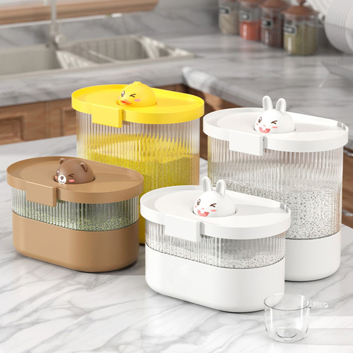 Rice Bucket Damp Proof Sealing Thickened PP PET Grain Storage Tank for Home Flour Dog Food L Brown Bear