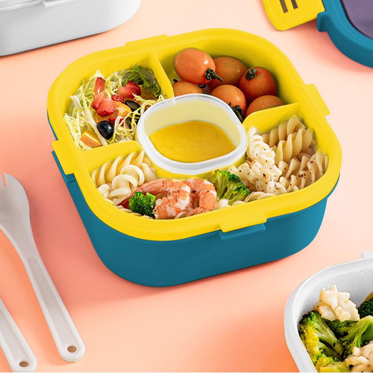 2 Layer Plastic Salad Lunch Box Microwave Safe Salad Lunch Container Portable Fruit Fat Reducing Light Food Picnic Box for Office Workers Blue, 1200ml